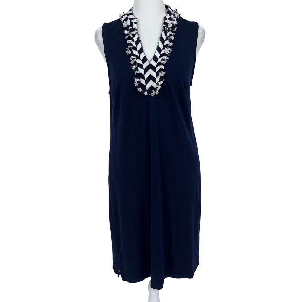 Crown & Ivy Navy Blue Sleeveless V-Neck Shift Dress‎ Chevron Tassel Trim Medium